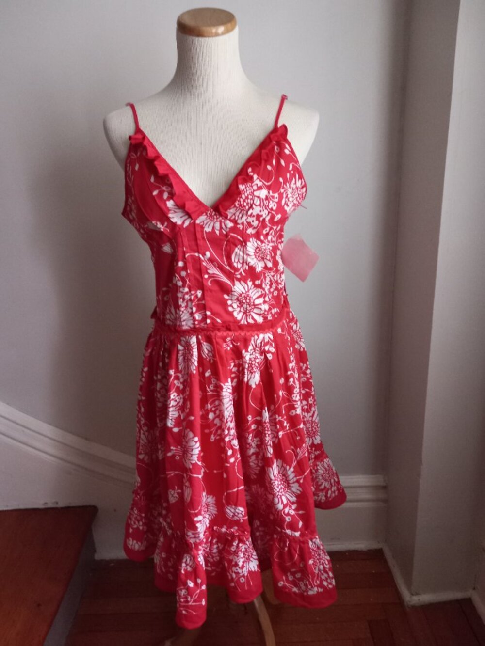 STUDIO SPA RED WHITE FLORAL COTTON SPAGHETTI STRAP SUMMER SUN DRESS NWT L